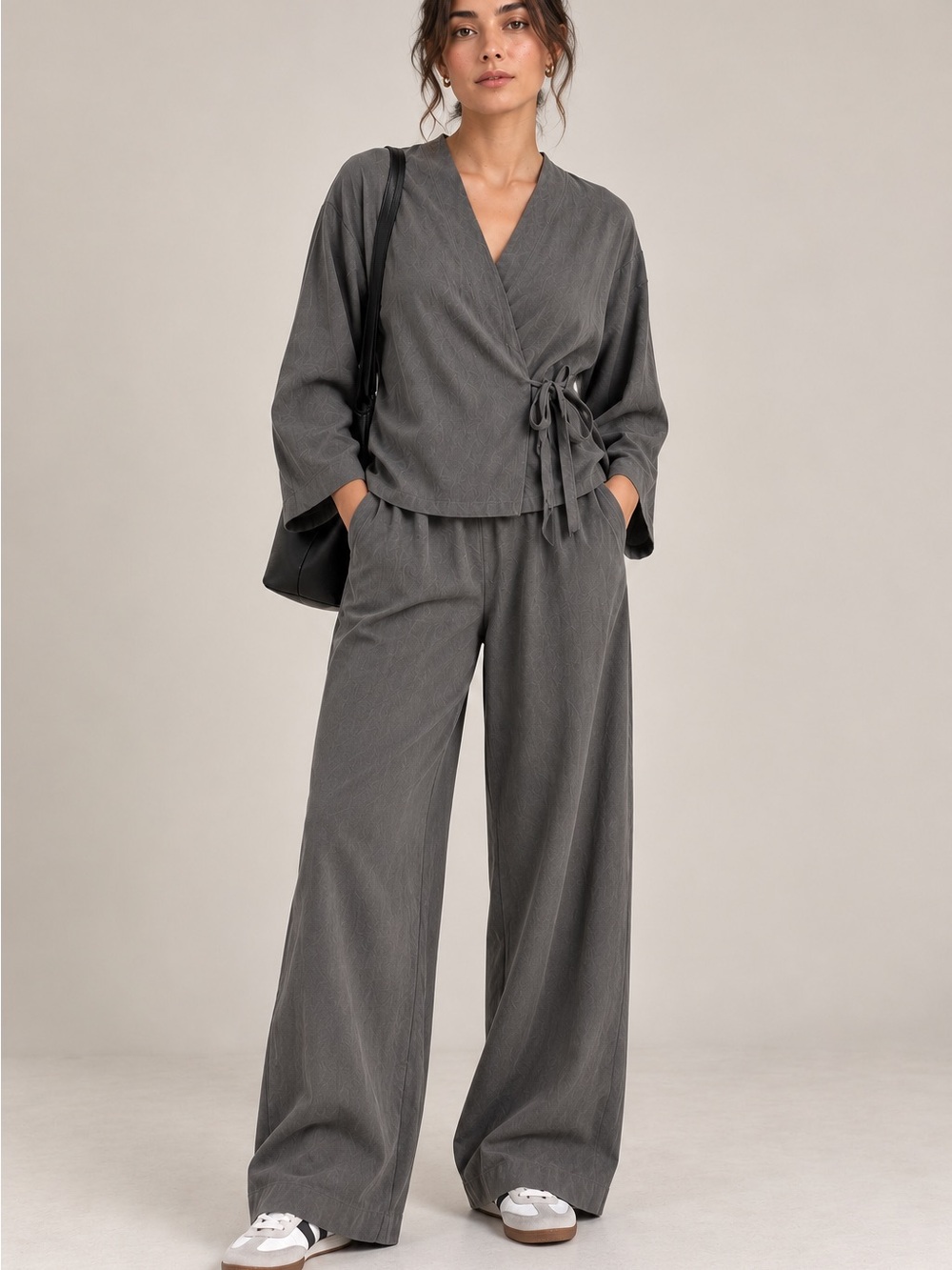Gray Wrap Two-Piece Set | Tie-Waist Top & Wide-Leg Pants